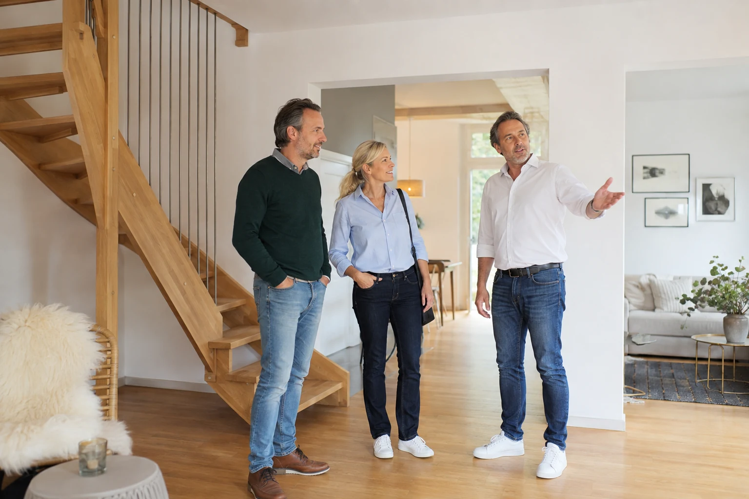 Paar und Ansprechpartner besichtigen ein Wohnhaus mit mehreren verbundenen Räumen